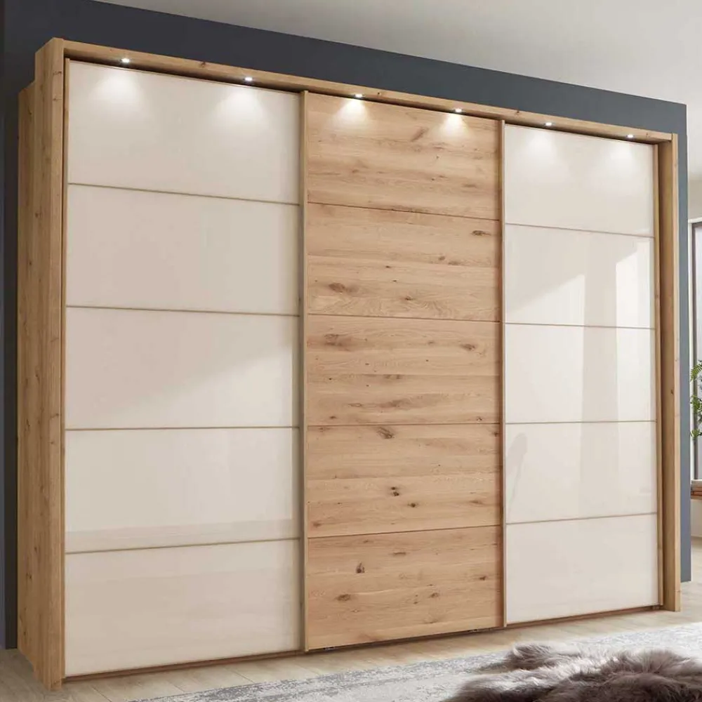 Wohnen Kleiderschränke|Schränke<300 cm breiter Schwebetürenschrank mit Glas Beige - Nikoba