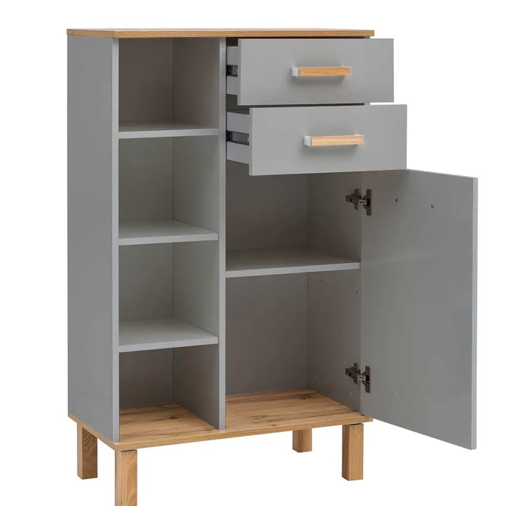 Wohnen Highboards<Bad Highboard in Platingrau und Eiche - Nienzo
