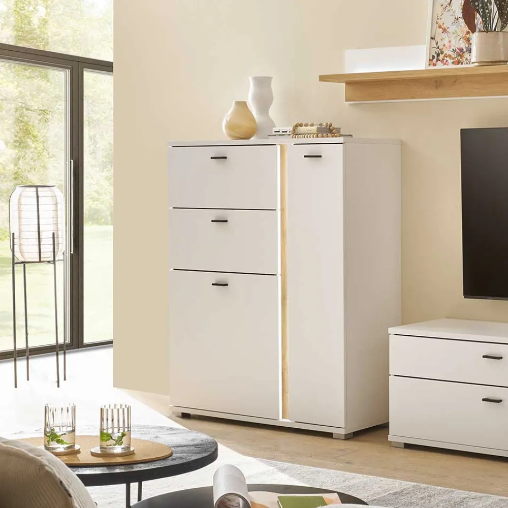 Wohnen Highboards<Beleuchtetes Sideboard in Weiß mit Wildeiche - Racelyn