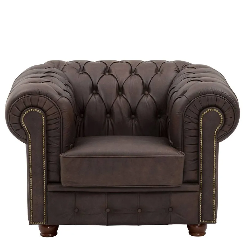 Wohnen Sessel<Brauner Chesterfieldsessel mit Lederbezug - Pluna