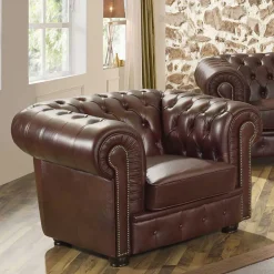 Wohnen Sessel<Brauner Ledersessel im Chesterfield Look - Pluna