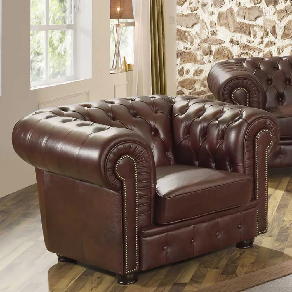 Wohnen Sessel<Brauner Ledersessel im Chesterfield Look - Pluna