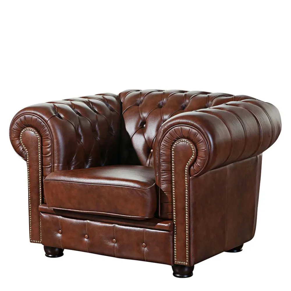 Wohnen Sessel<Brauner Ledersessel im Chesterfield Look - Pluna