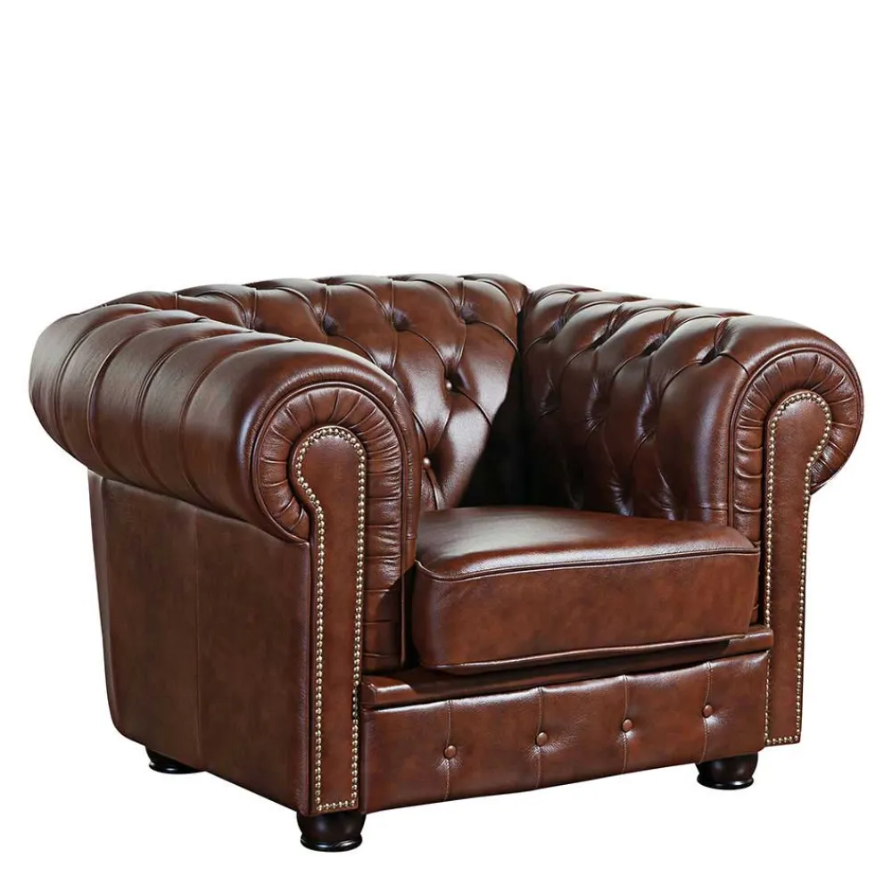 Wohnen Sessel<Brauner Ledersessel im Chesterfield Look - Pluna