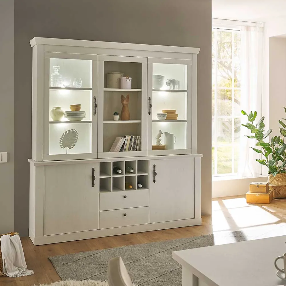 Wohnen Kommoden|Vitrinen<Buffetschrank Vitrine in weißer Holzoptik Pinie - Liancos