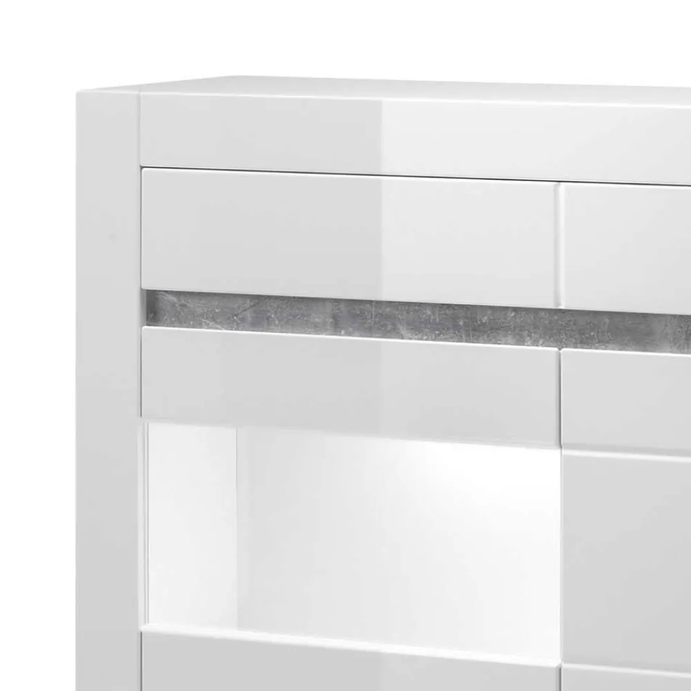 Wohnen Highboards|Vitrinen<100cm breite Vitrine in Weiß Hochglanz Mextra mit Beton Dekor abgesetzt