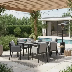 Wohnen Sitzgruppe<Design Garten-Essgruppe in Grau & Schwarz - Geraldine (siebenteilig)