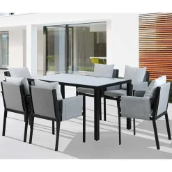 Wohnen Sitzgruppe<Design Garten-Essgruppe in Grau & Schwarz - Geraldine (siebenteilig)