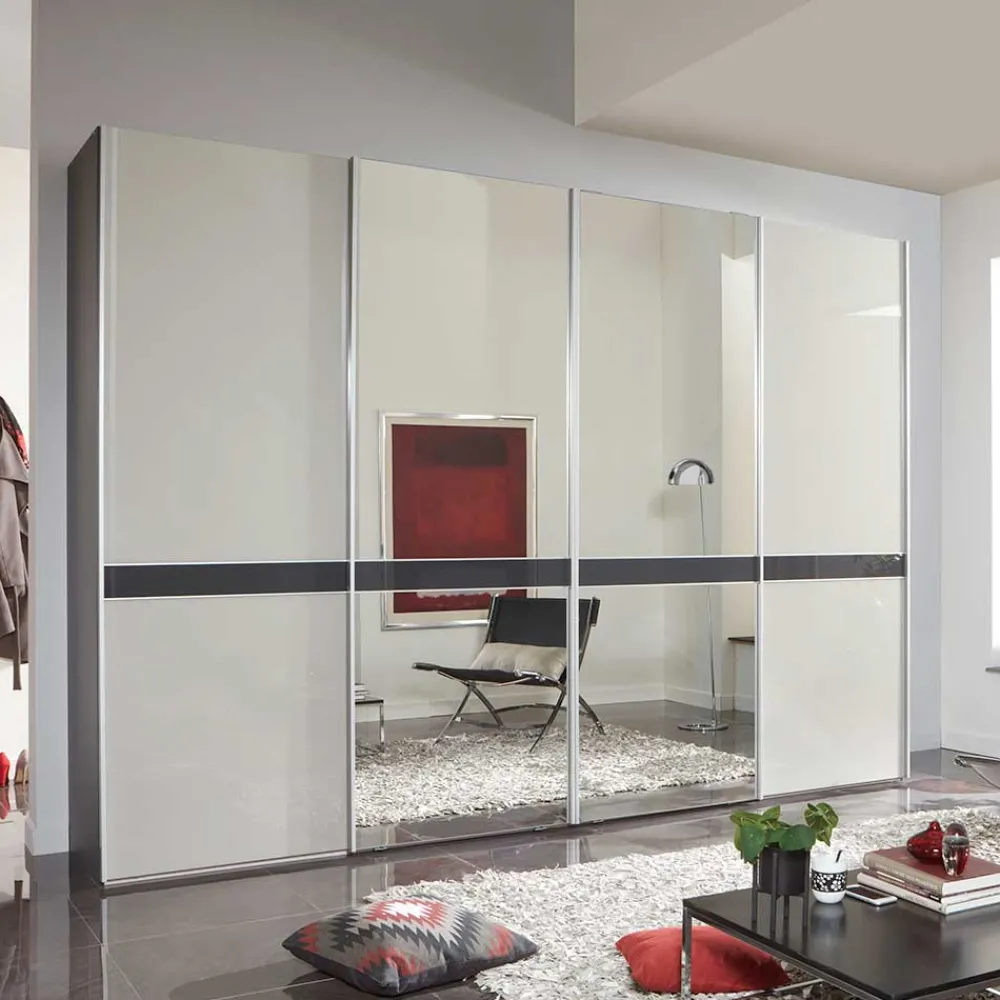 Wohnen Kleiderschränke|Schränke<Design Schrank mit Spiegel & Glas Front Hellgrau - Capolyna