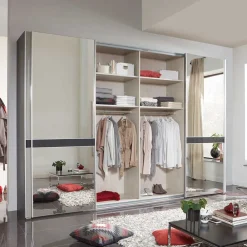 Wohnen Kleiderschränke|Schränke<Design Schrank mit Spiegel & Glas Front Hellgrau - Capolyna
