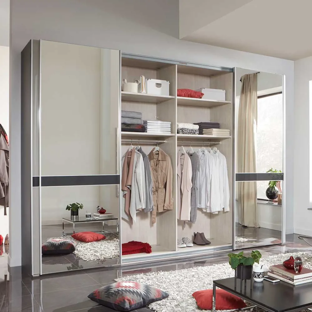 Wohnen Kleiderschränke|Schränke<Design Schrank mit Spiegel & Glas Front Hellgrau - Capolyna