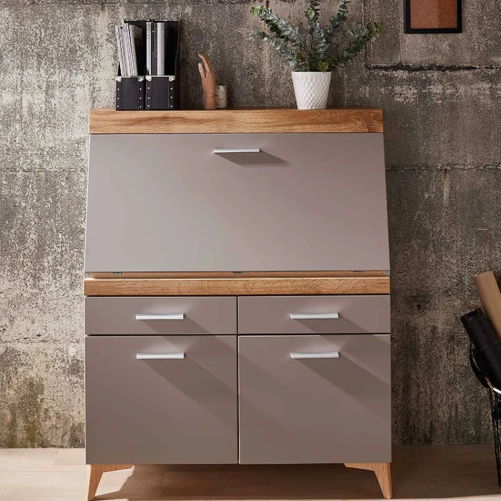 Wohnen Highboards<Design Sekretär in Grau & Eiche NB - Zella