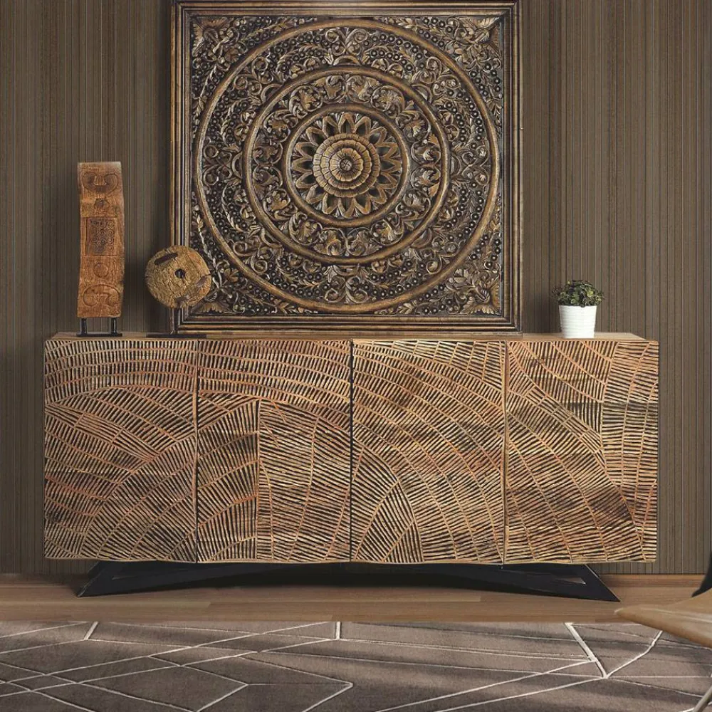 Wohnen Sideboards<Design Sideboard aus Akazienholz mit Schnitzerei - Merlan