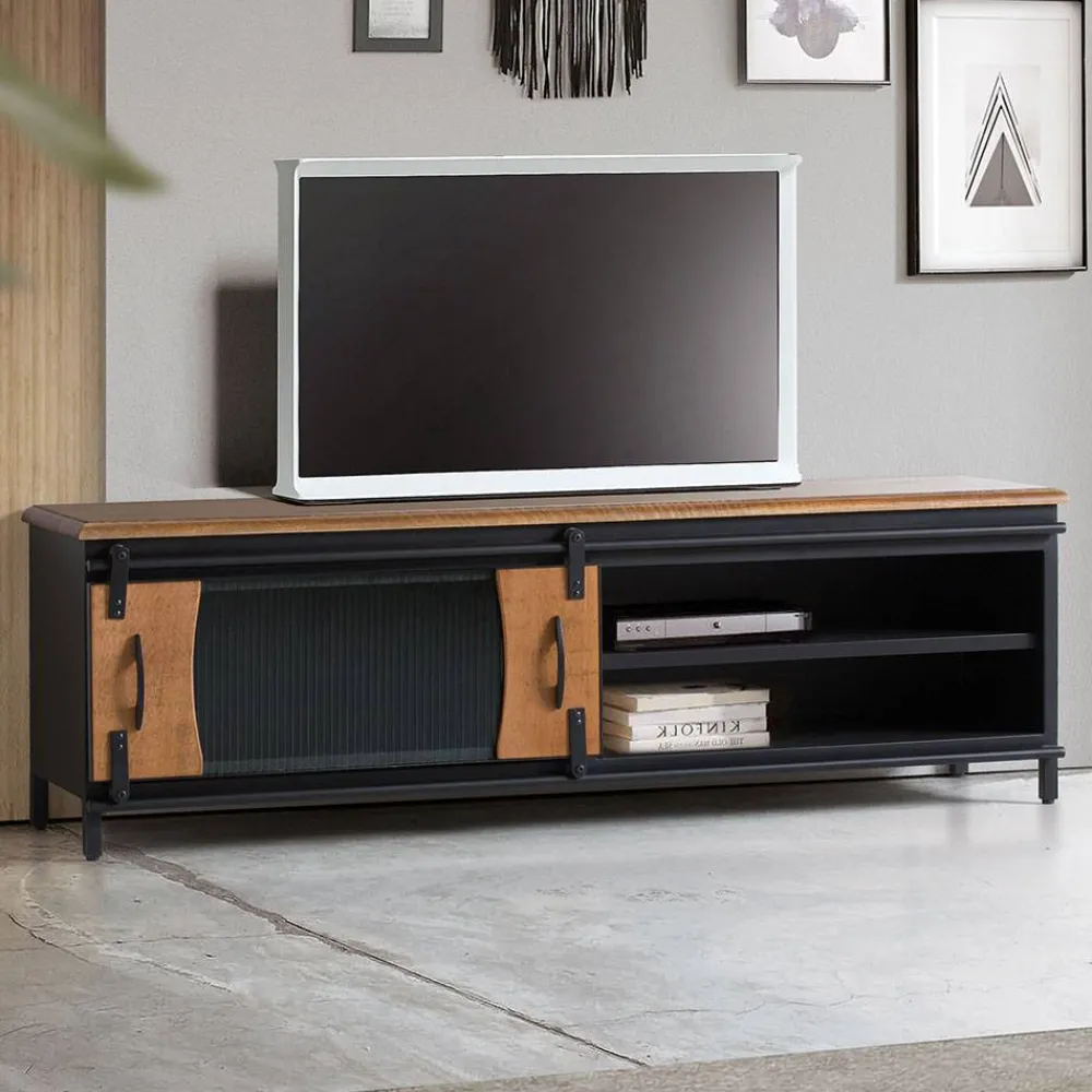 Wohnen Tv & Hifi-Möbel|Lowboards<Design TV Lowboard aus Mangoholz und Metall - Aglia