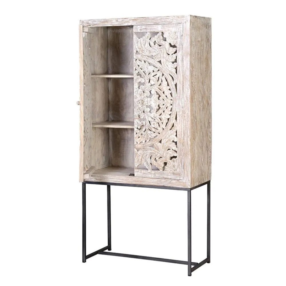 Wohnen Vitrinen<Design Vintageschrank in White Wash Mangoholz - Fudorus