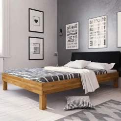 Wohnen Betten<Design Wildeichebett mit schwarzem Kopfteil - Olbysca I