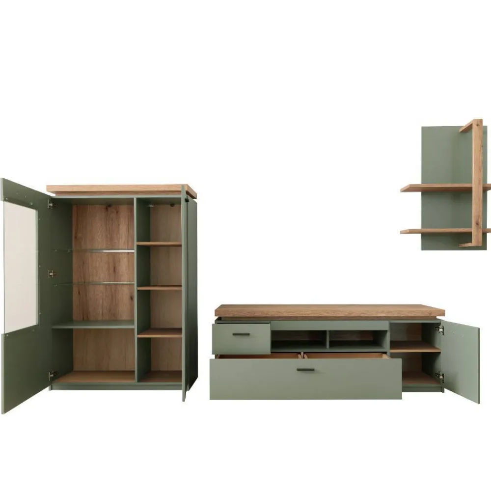 Wohnen Wohnwände<Design Wohnwand in Graugrün und Eiche - Kwin (dreiteilig)
