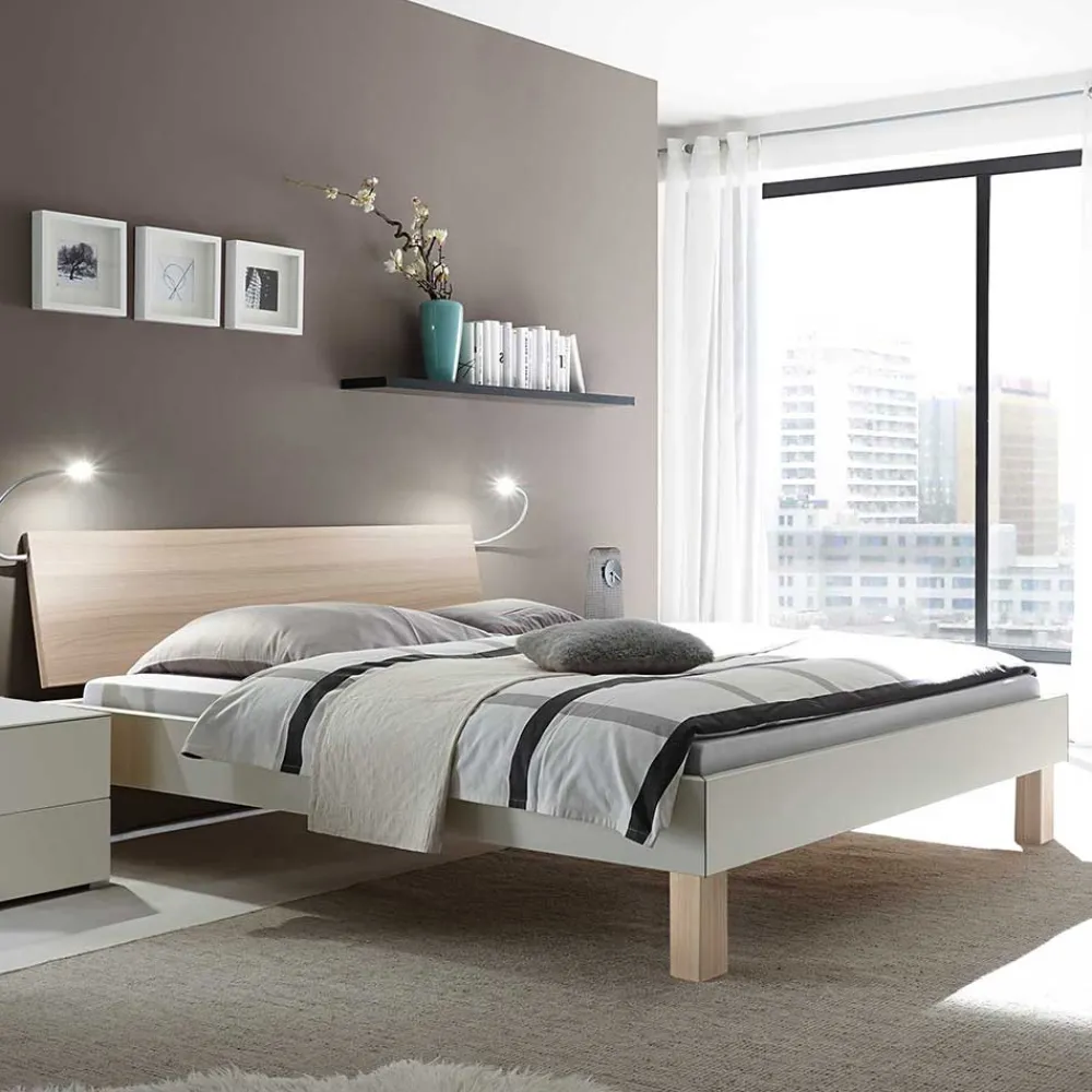 Wohnen Betten<Design-Doppelbett in hellem Esche Dekor & Weiß - Ezianas