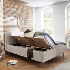 Wohnen Betten<Doppelbett mit Bettkasten in Beige Webplüsch - Samuele