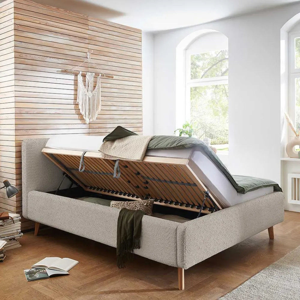 Wohnen Betten<Doppelbett mit Bettkasten in Beige Webplüsch - Samuele