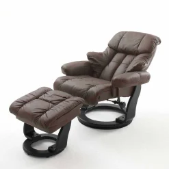 Wohnen Sessel<Drehbarer Ledersessel in Braun mit Relaxfunktion Roco inkl. Hocker (zweiteilig)