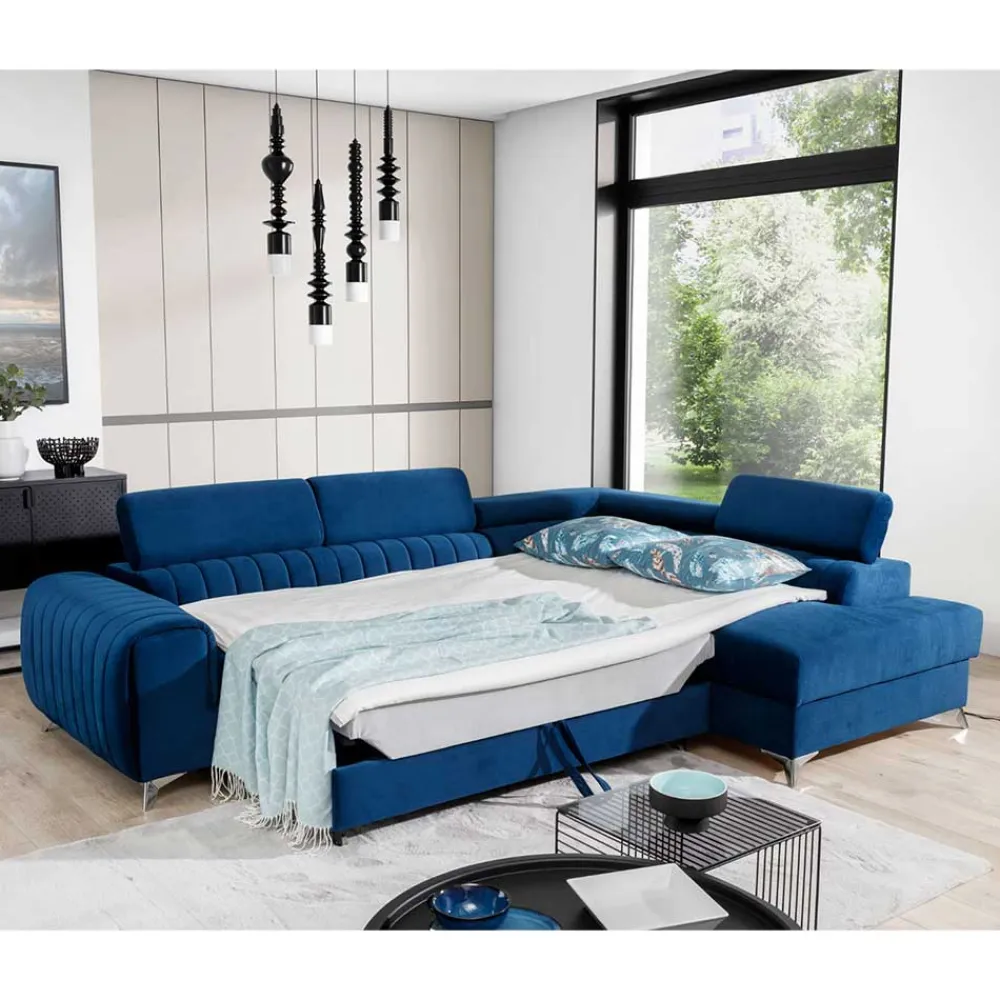 Wohnen Betten|Sofas<Dunkelblaue Samt Wohnlandschaft mit Schlaffunktion - Apyna