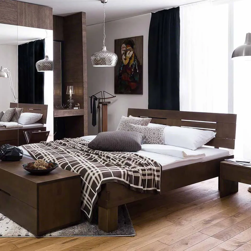 Wohnen Betten<Dunkles Massivholz Bett Ceolata in Buche Wenge lackiert