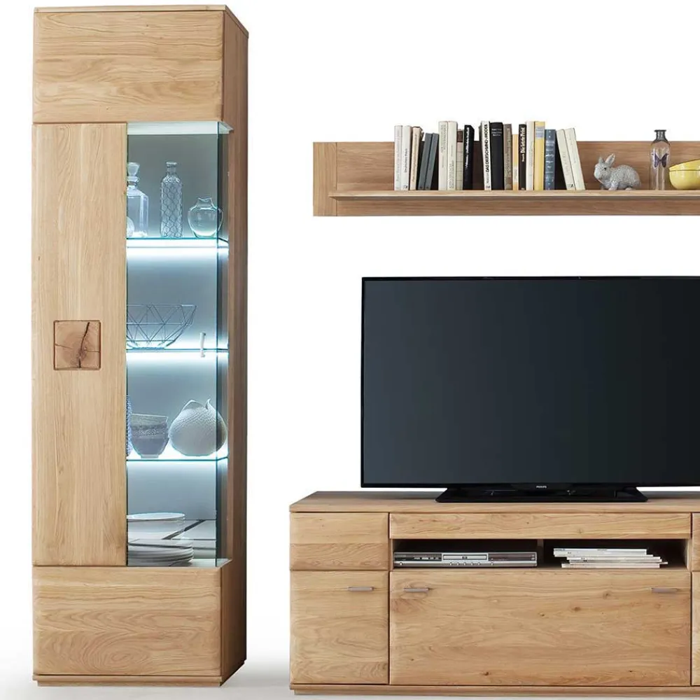 Wohnen Wohnwände<Edle Wohnwand mit 320cm Breite Pontros in Eiche Bianco teilmassiv (vierteilig)