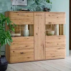 Wohnen Highboards<Eiche Bianco Highboard mit Glas-Einsätzen - Crokas
