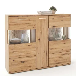 Wohnen Highboards<Eiche Bianco Highboard mit Glas-Einsätzen - Crokas