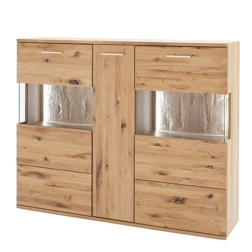Wohnen Highboards<Eiche Bianco Highboard mit Glas-Einsätzen - Crokas