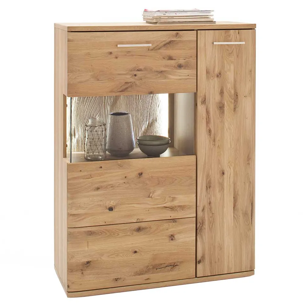 Wohnen Highboards<Eiche Bianco Highboard mit Glas Einsatz - Crokas I