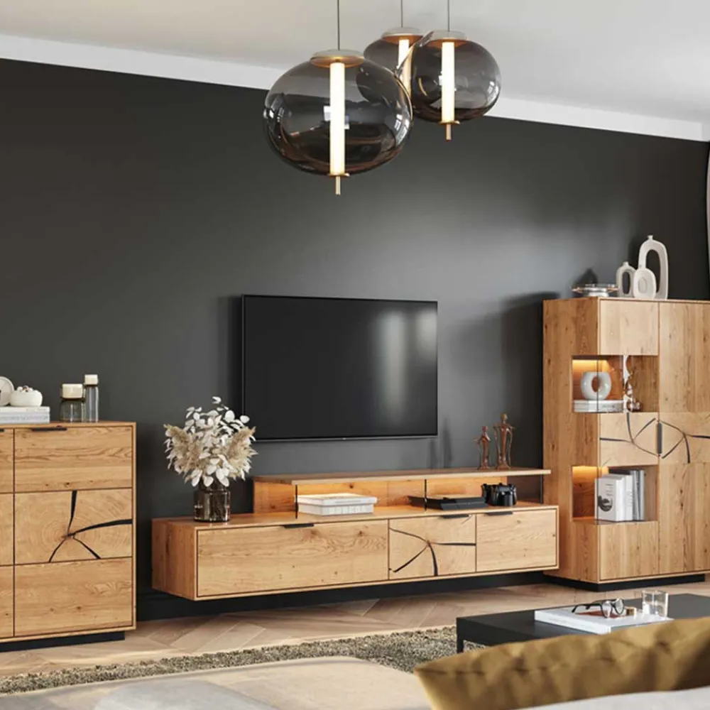 Wohnen Highboards|Vitrinen<Eichenholz Highboard mit Hirnholz Applikation - Deruta