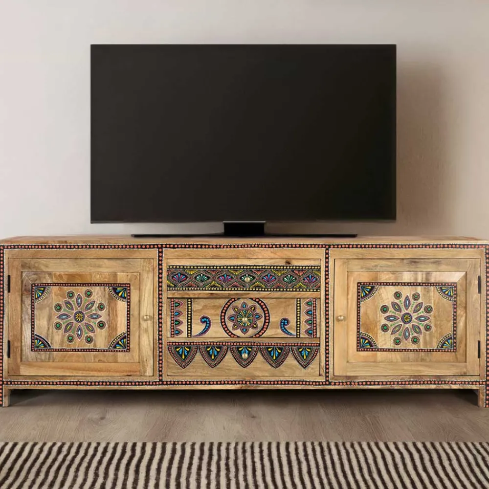 Wohnen Tv & Hifi-Möbel|Lowboards<Ethno Style TV Kommode mit farbenfrohen Ornamenten - Azua