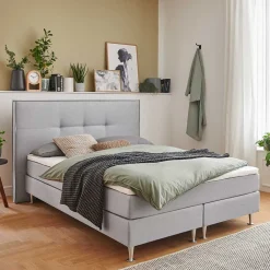 Wohnen Betten<H3 Boxspringbett in Hellgrau Stoff & Chrom - Tuwedia