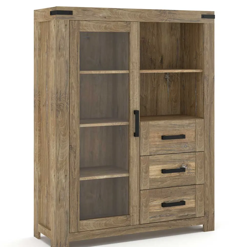Wohnen Highboards<Highboard in Eiche Dunkel mit Glaseinsatz - Hilary