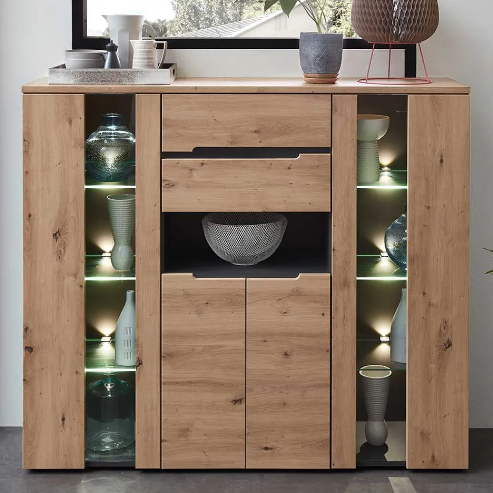 Wohnen Highboards<Highboard mit Glas & LED Licht - Kuetra