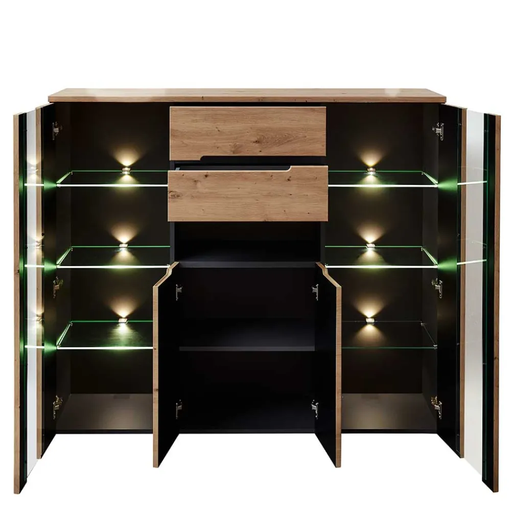 Wohnen Highboards<Highboard mit Glas & LED Licht - Kuetra
