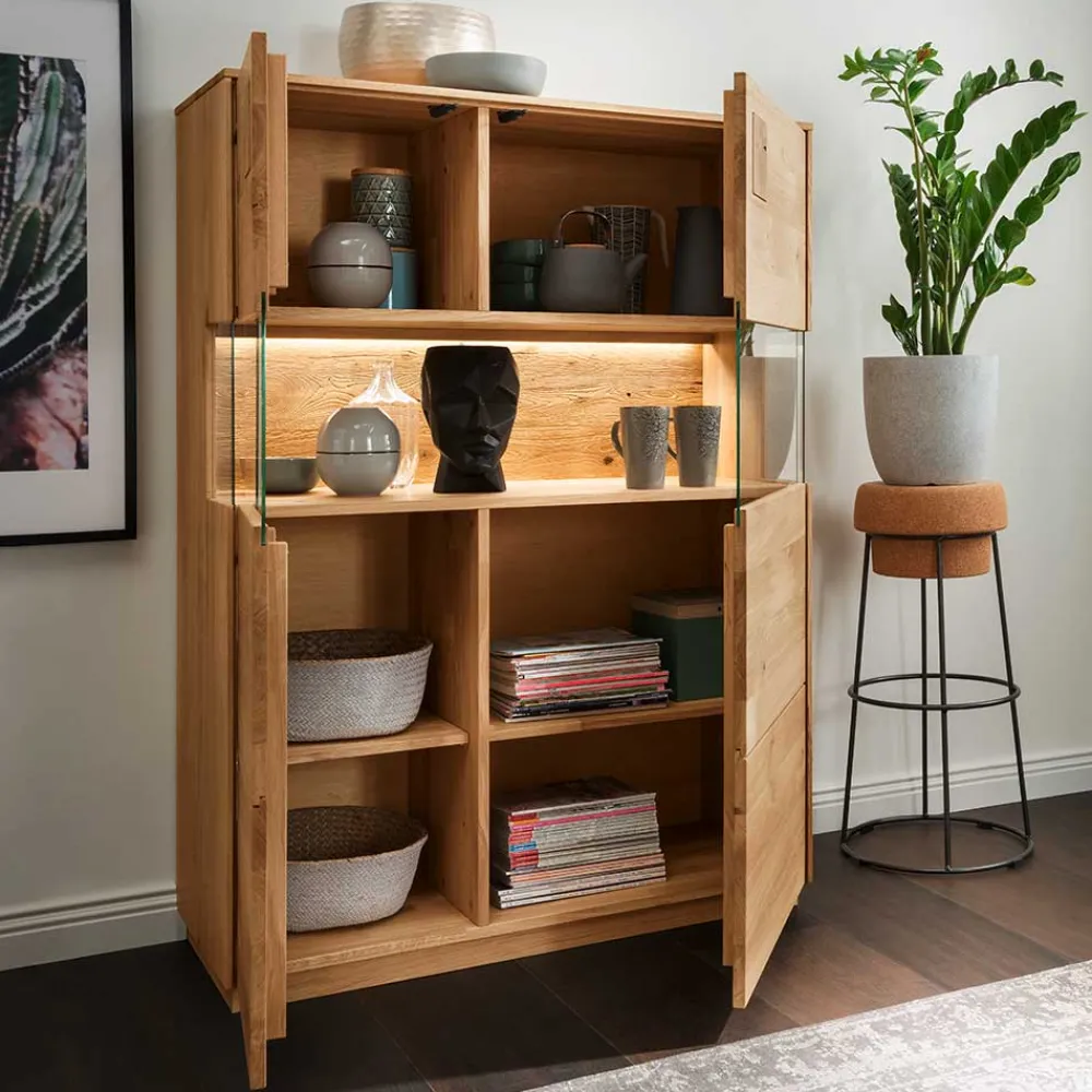 Wohnen Vitrinen|Schränke<Highboard mit Glaseinsatz aus Wildeiche massiv - Millena