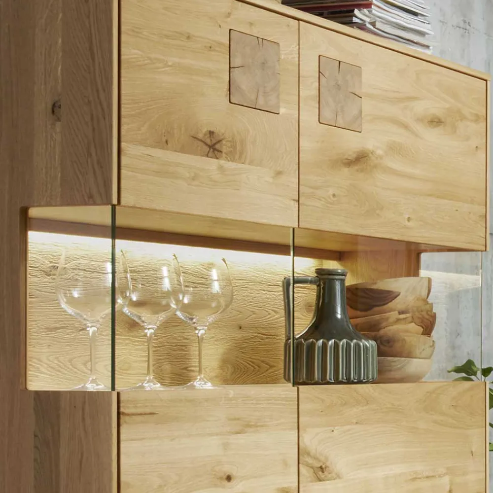 Wohnen Vitrinen|Schränke<Highboard mit Glaseinsatz aus Wildeiche massiv - Millena