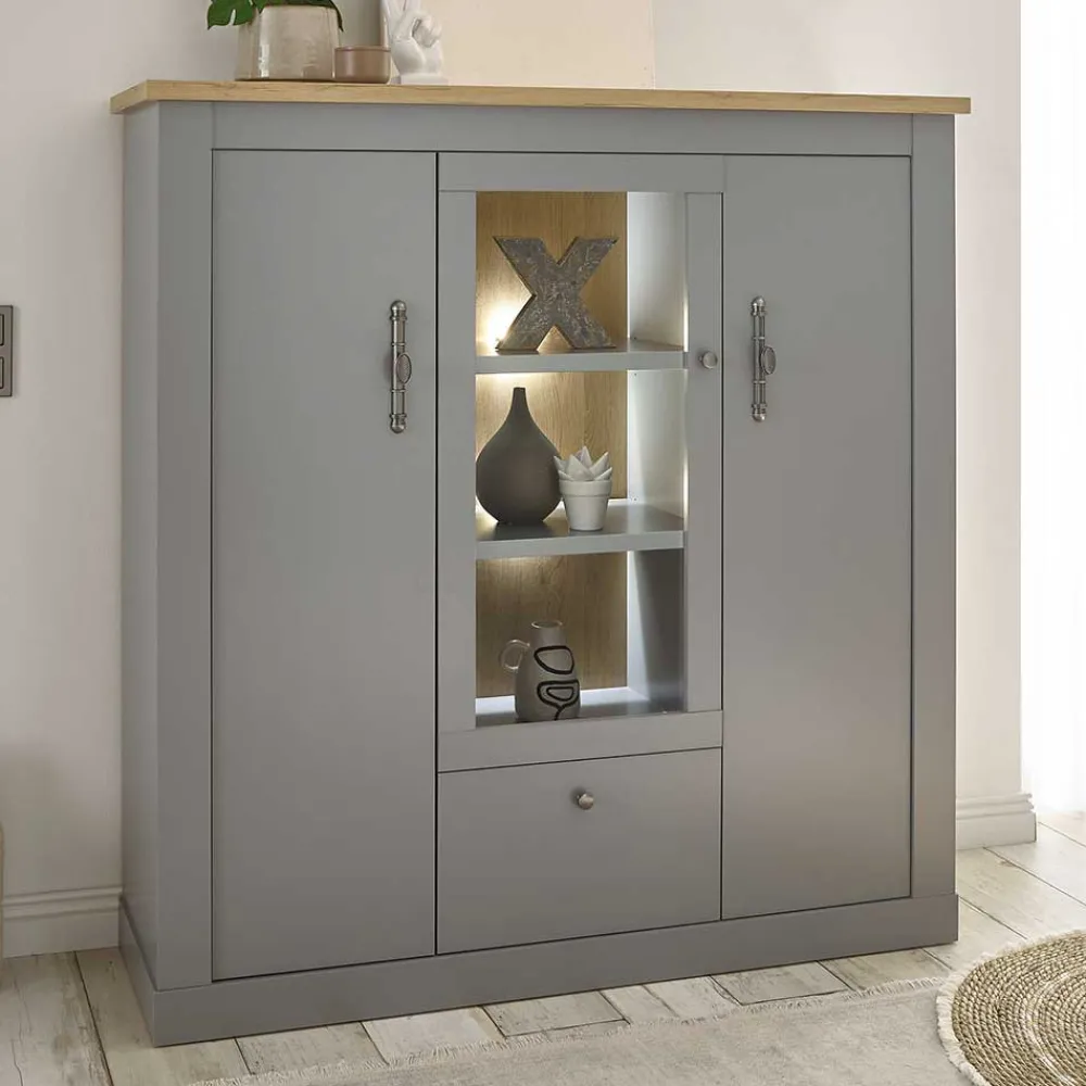Wohnen Highboards<Highboard mit Glaseinsatz mit Metallgriffen - Buleta