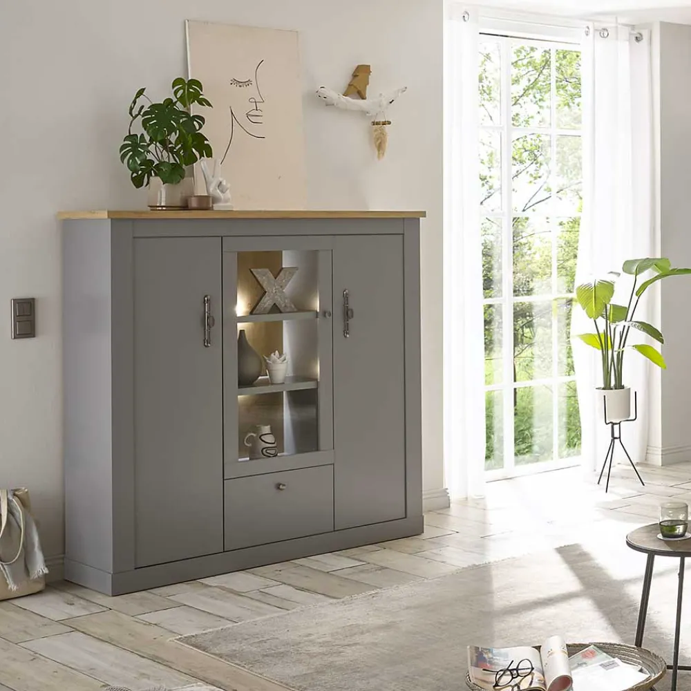 Wohnen Highboards<Highboard mit Glaseinsatz mit Metallgriffen - Buleta