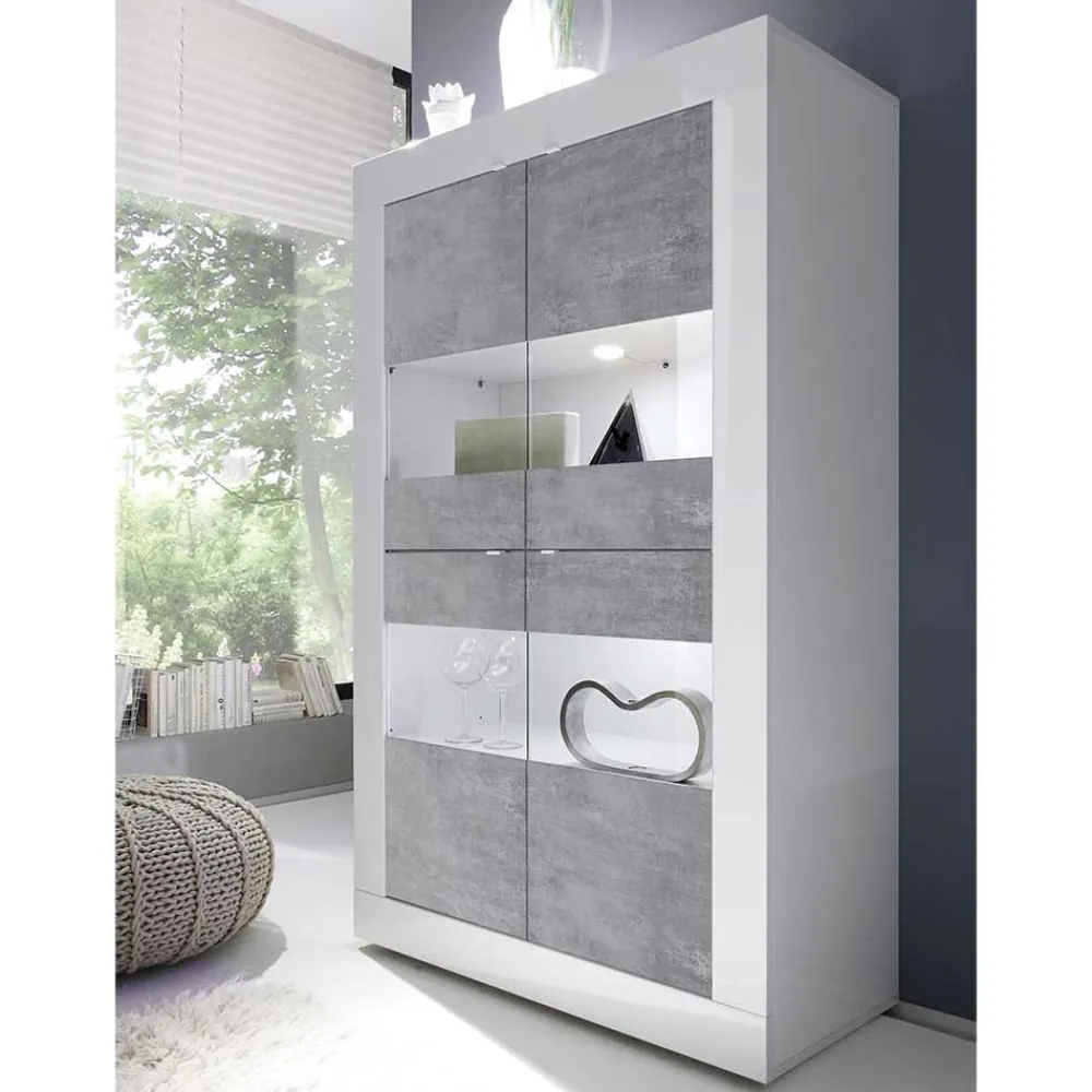 Wohnen Vitrinen|Schränke<Highboard Vitrine in Beton Optik & Weiß HG - Narandu
