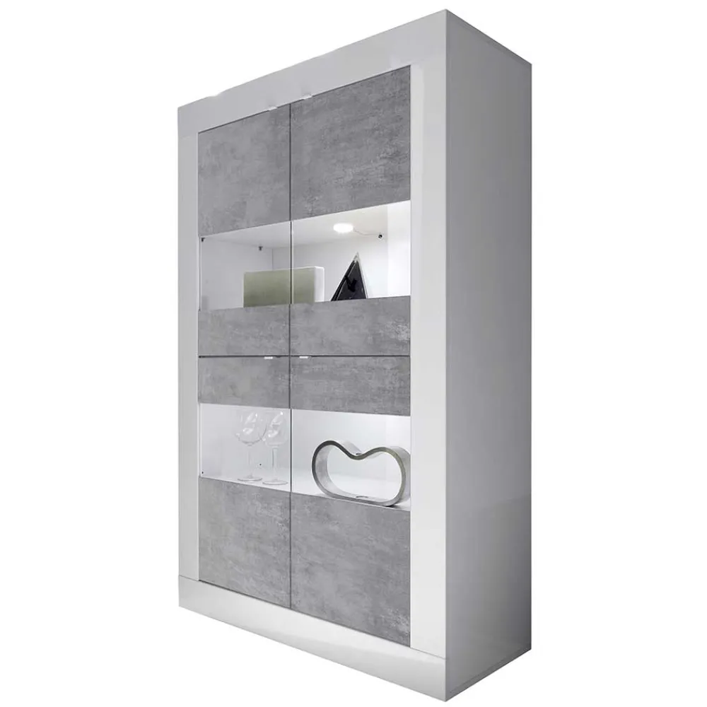 Wohnen Vitrinen|Schränke<Highboard Vitrine in Beton Optik & Weiß HG - Narandu