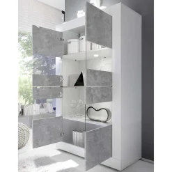 Wohnen Vitrinen|Schränke<Highboard Vitrine in Beton Optik & Weiß HG - Narandu