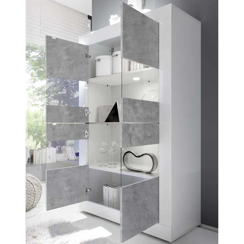 Wohnen Vitrinen|Schränke<Highboard Vitrine in Beton Optik & Weiß HG - Narandu