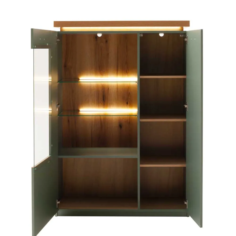 Wohnen Highboards|Vitrinen<Highboard Vitrine in Graugrün und Eiche - Kwin