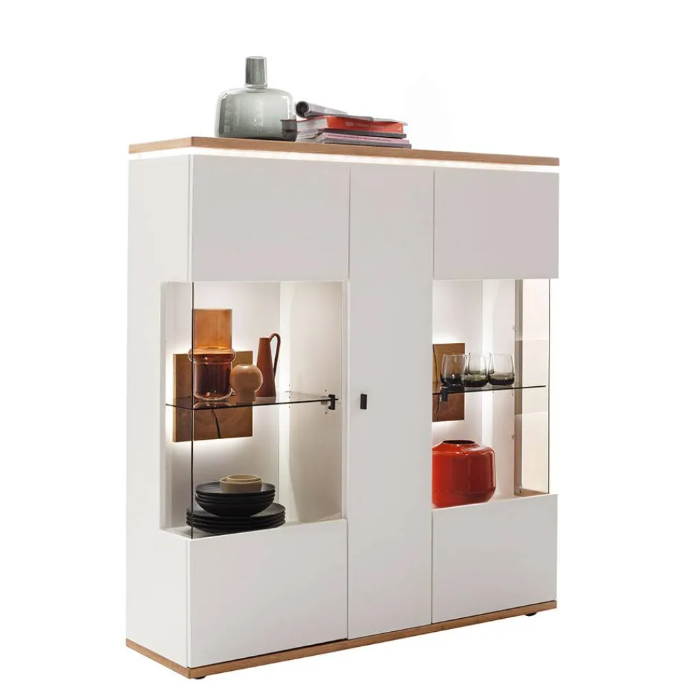 Wohnen Highboards|Vitrinen<Highboard Vitrine in Soft White und Wildeiche - Yordyn