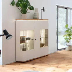 Wohnen Highboards|Vitrinen<Highboard Vitrine in Soft White und Wildeiche - Yordyn