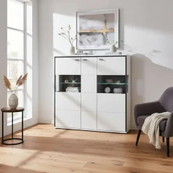 Wohnen Highboards|Vitrinen<Highboard Vitrine in Weiß mit Schwarzgrau - Loazin